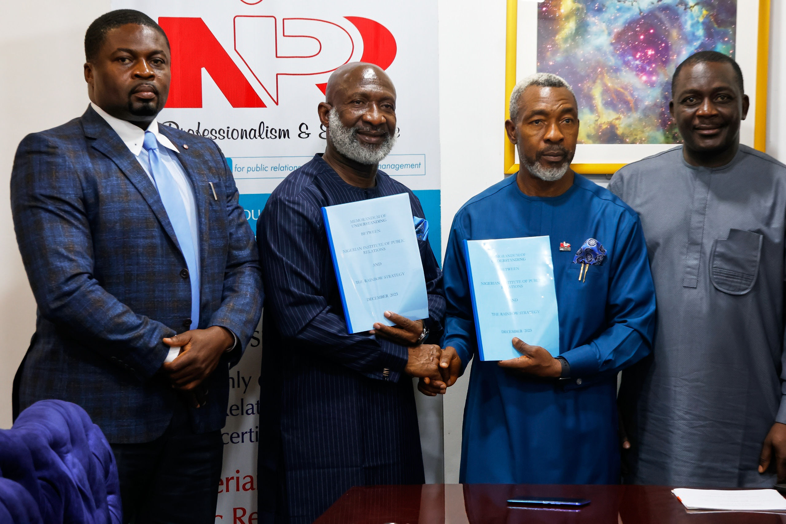 The Rainbow Strategy team with NIPR President, Dr. Ike Neliaku, fnipr (2nd right) and Vice President, Prof. Emmanuel Dandaura fnipr (1st right)